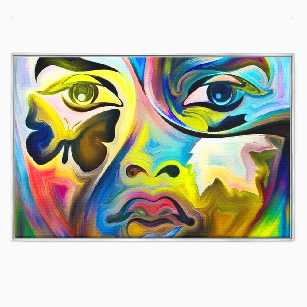 Tablou canvas cu tablou canvas cu chip abstract si fluture, in rama de aluminiu argintiu